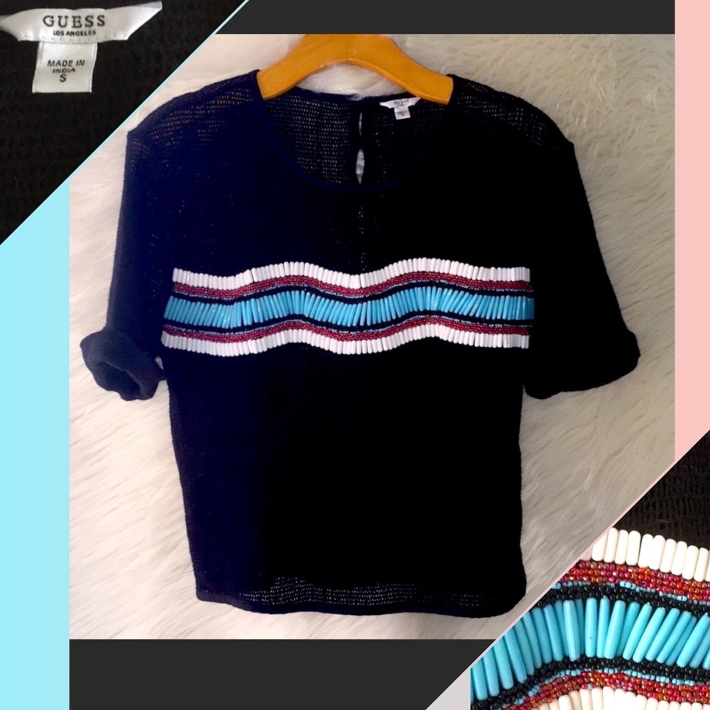 Guess Top Turquoise White Beads S BLACK LIGHTWEIGHT KNIT SHIRT NWT